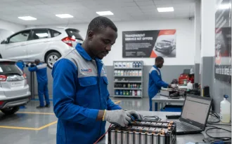 Expert mechanic performing hybrid battery reconditioning for a Honda Vezel at the D-Auto VYB garage in Nairobi, Kenya.